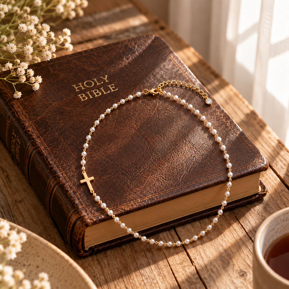 Grace Cross Necklace resting on an open Bible