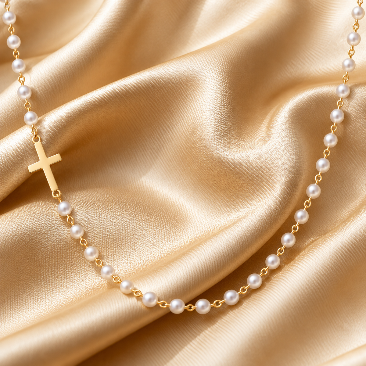 Grace Cross Necklace on champagne satin
